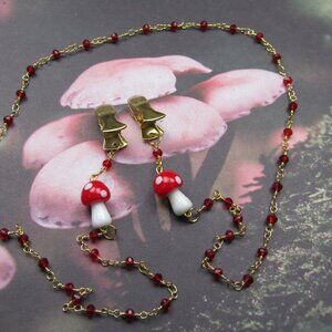 Forest Fairy Red and Gold Mushroom Glasses Chain Cottagecore Coquette Fairy